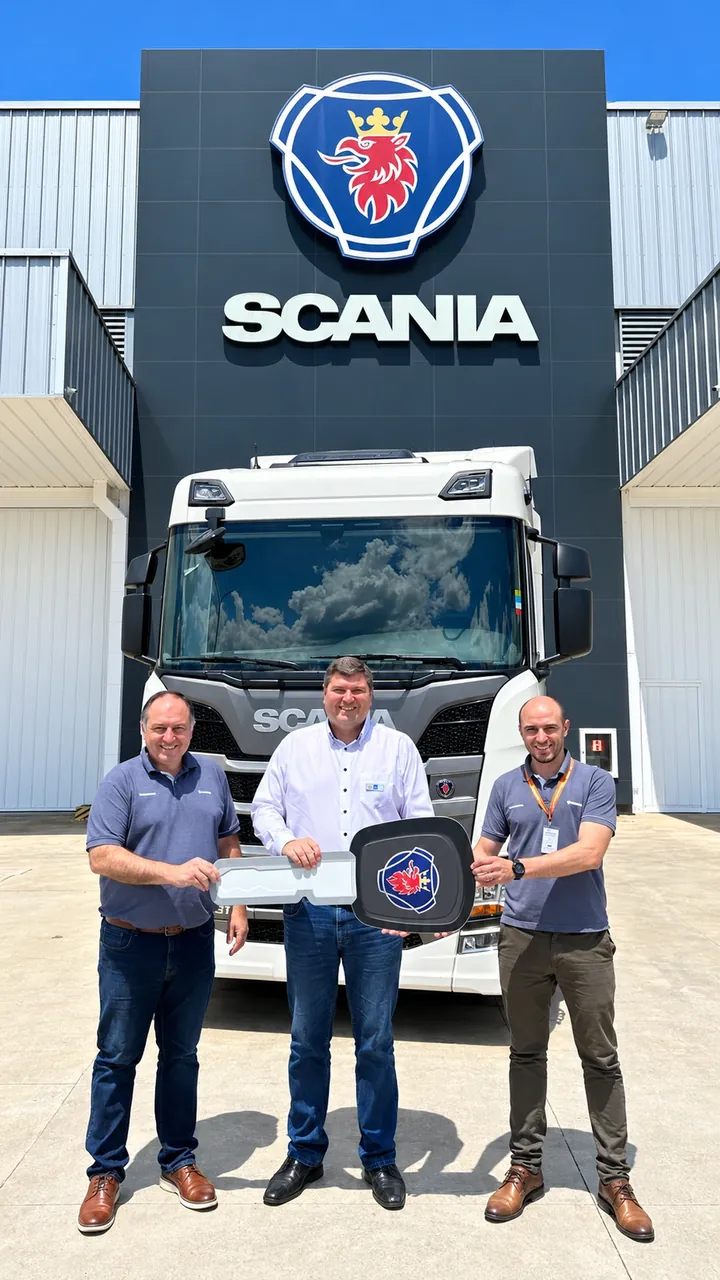 Três pessoas seguram a chave de um caminhão Scania branco em frente à concessionária